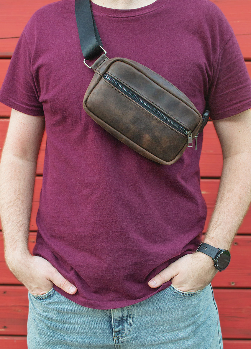 Сумка на пояс (бананка) темно-коричневая из натуральной кожи crazy horse (крейзи хорс) Famk (264644026)