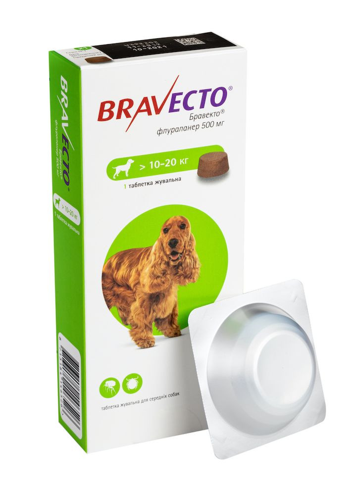 Жувальна таблетка (Бравекто) від бліх і кліщів для собак вагою 10 - 20 кг та старше 2-х місяців Bravecto (278040440)