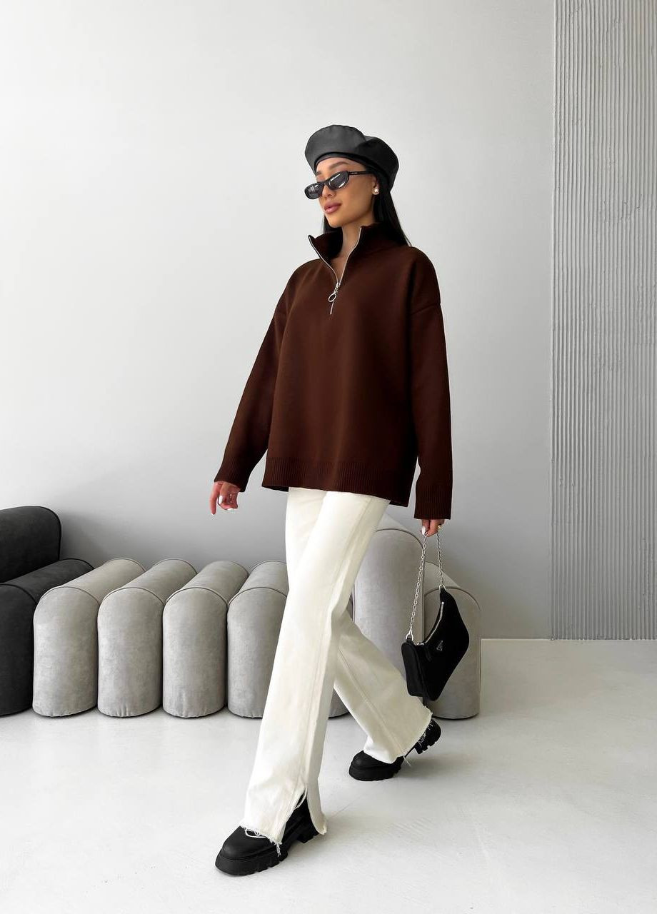 Жіночий светр із блискавкою із жаккардової в'язки колір коричневий р.42/46 441551 New Trend (263133802)