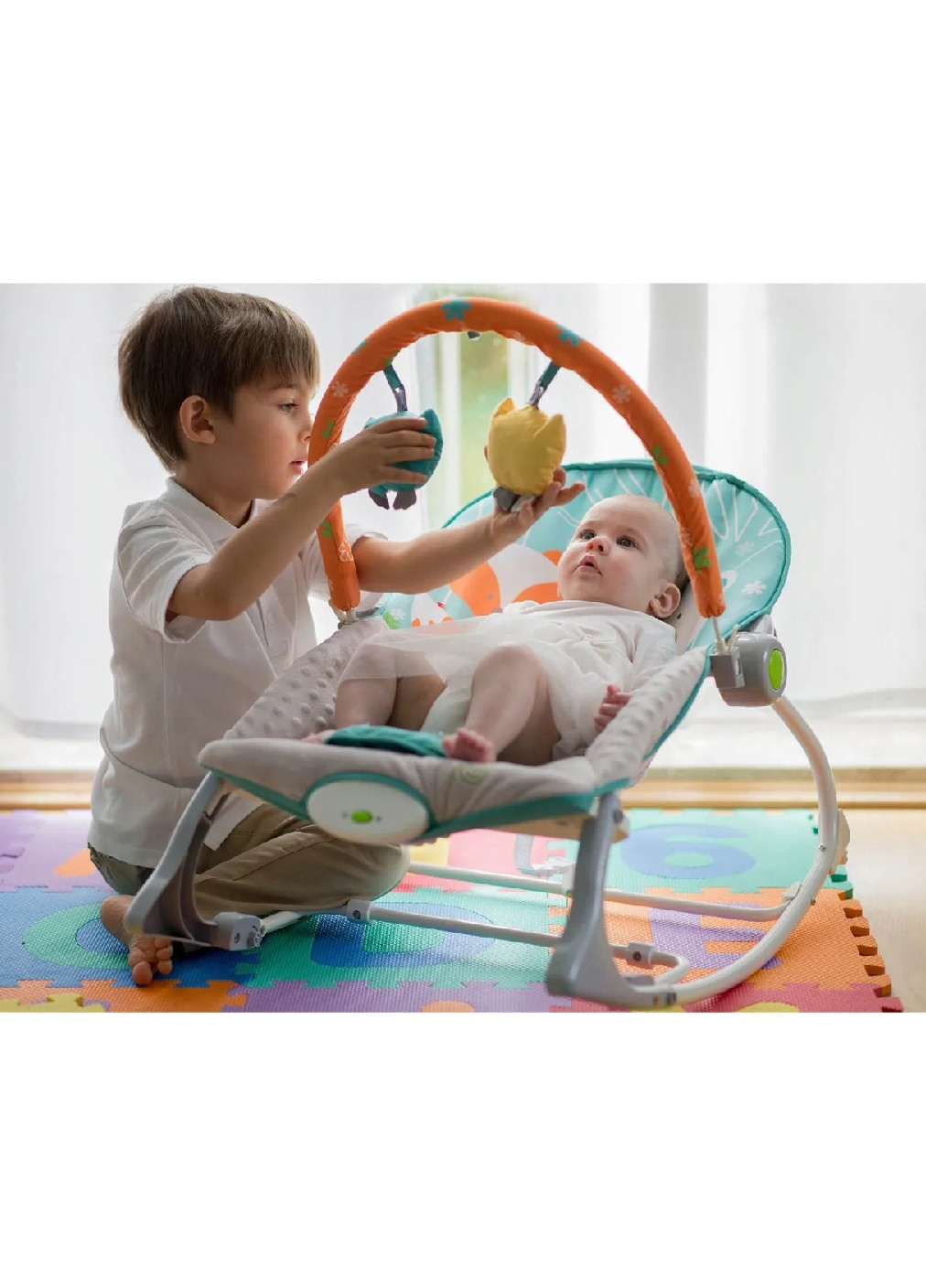 Детское кресло качалка шезлонг многофункциональное с вибрацией для детей малышей с рождения (475537-Prob) Серо-голубое Unbranded (268546427)