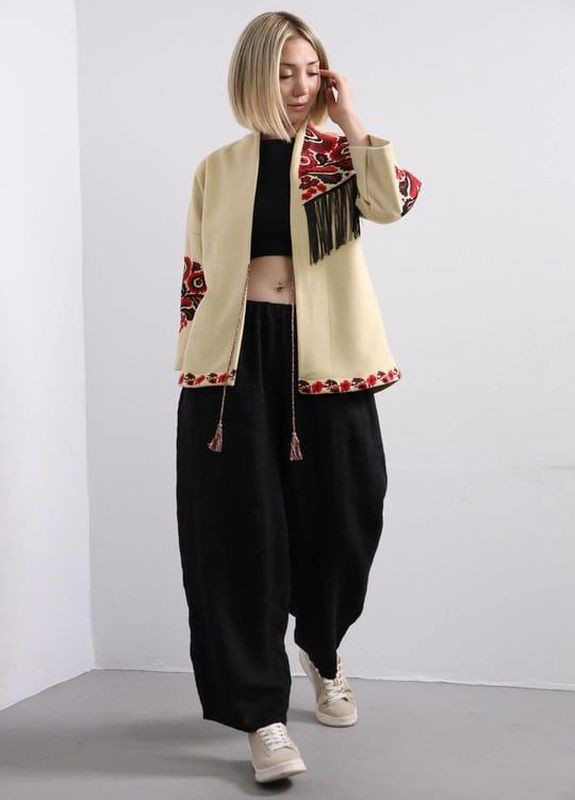 Кашемировий жакет вишиванка на завязках бежевий No Brand (269693762)