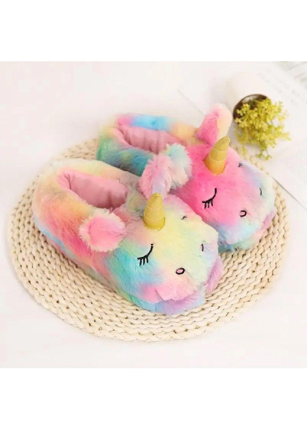 Цветные комнатные теплые закрытые тапочки кигуруми животные для детей девочек 30-36 размер 18-22 см (475336-prob) единорог Unbranded с вышивкой