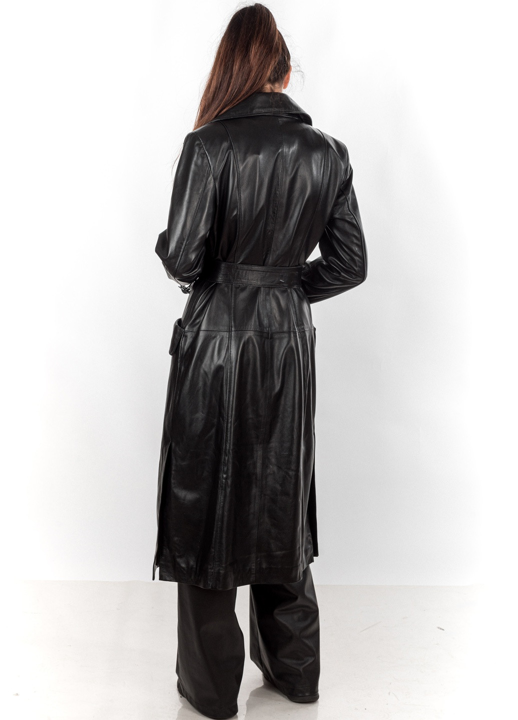 Чорний Жіночий тренч з натуральної шкіри преміум якості шкіряна подовжена куртка весна осінь демісезон FER-1504 чорний тренчкот Actors