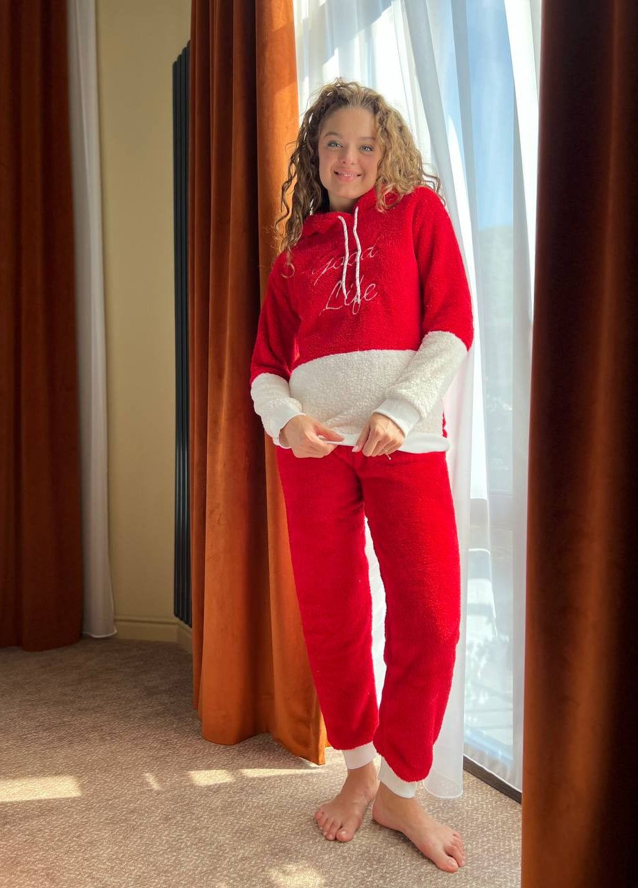 Красная зимняя женская теплая махровая пижама кофта + брюки No Brand