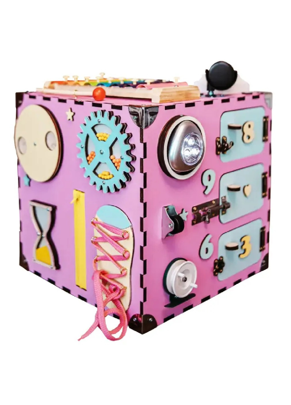 Деревянный бизикубик бизиборд кубик развивающая игрушка для детей малышей девочек мальчиков 30х30х30 см (474323-Prob) Розовый Unbranded (258139923)