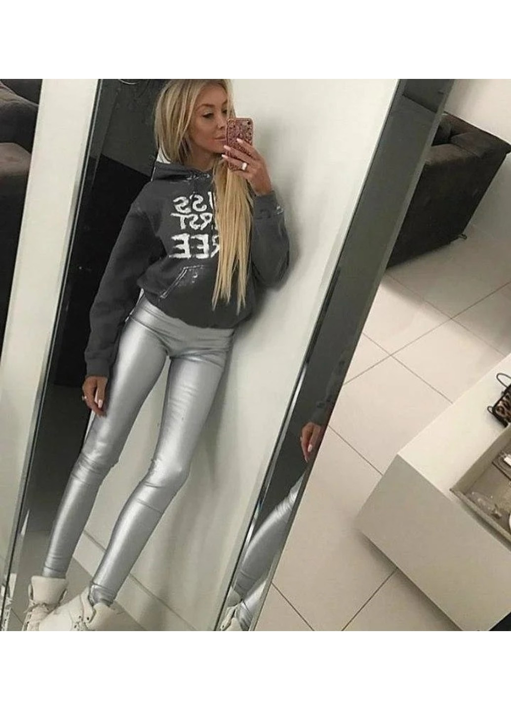 Жіночі лосини утеплені із екошкіри срібні No Brand (271960866)