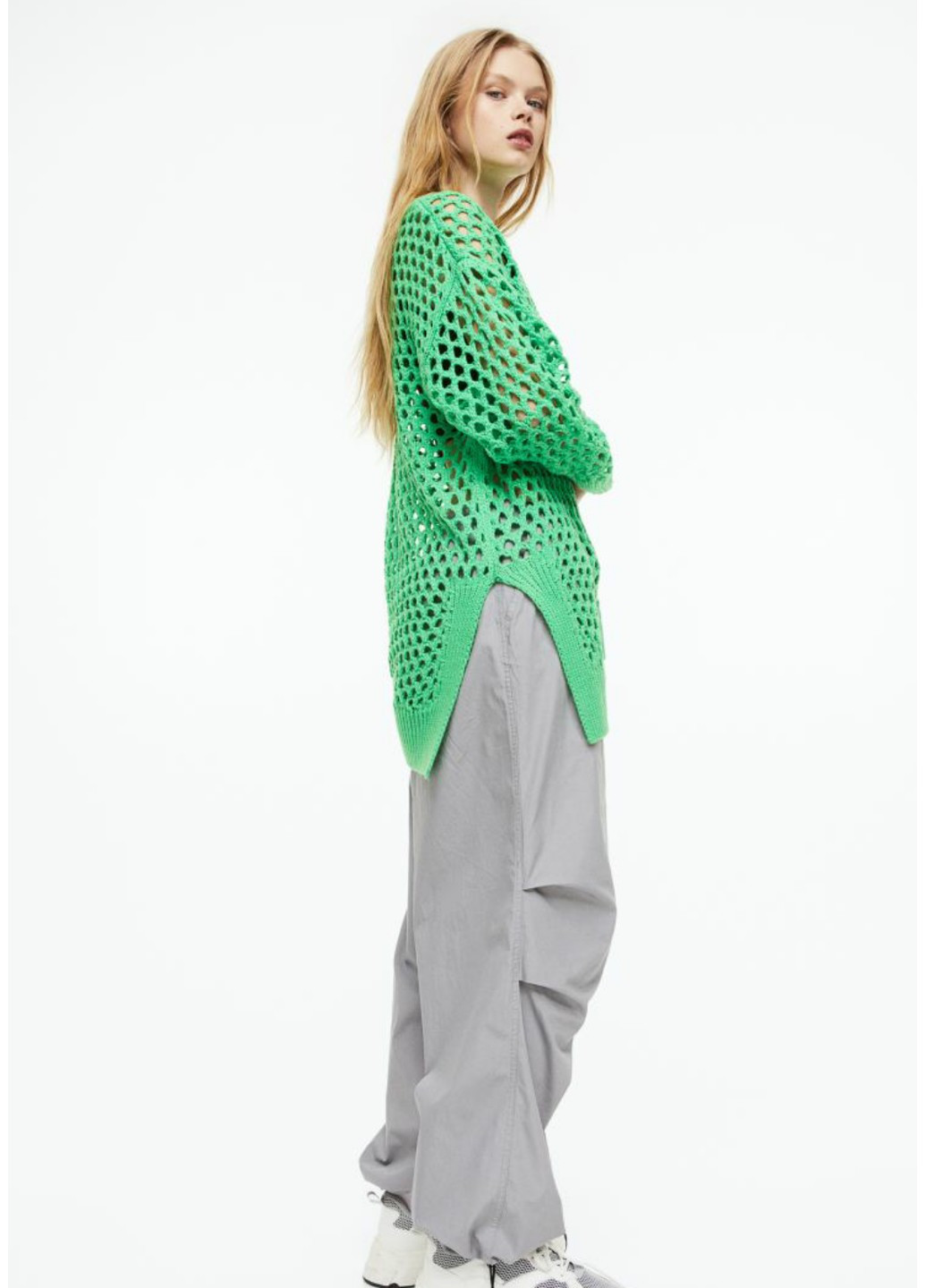 Зеленый демисезонный женский ассиметричный ажурный свитер н&м (56136) xs зеленый H&M