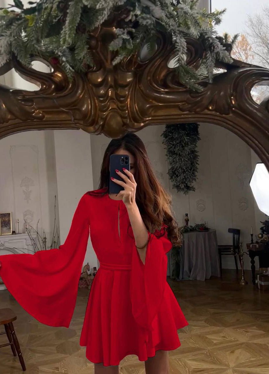 Красное элегантное женское платье с открытой спиной и разрезом на груди, нежное платье с воздушными рукавами на вечер No Brand