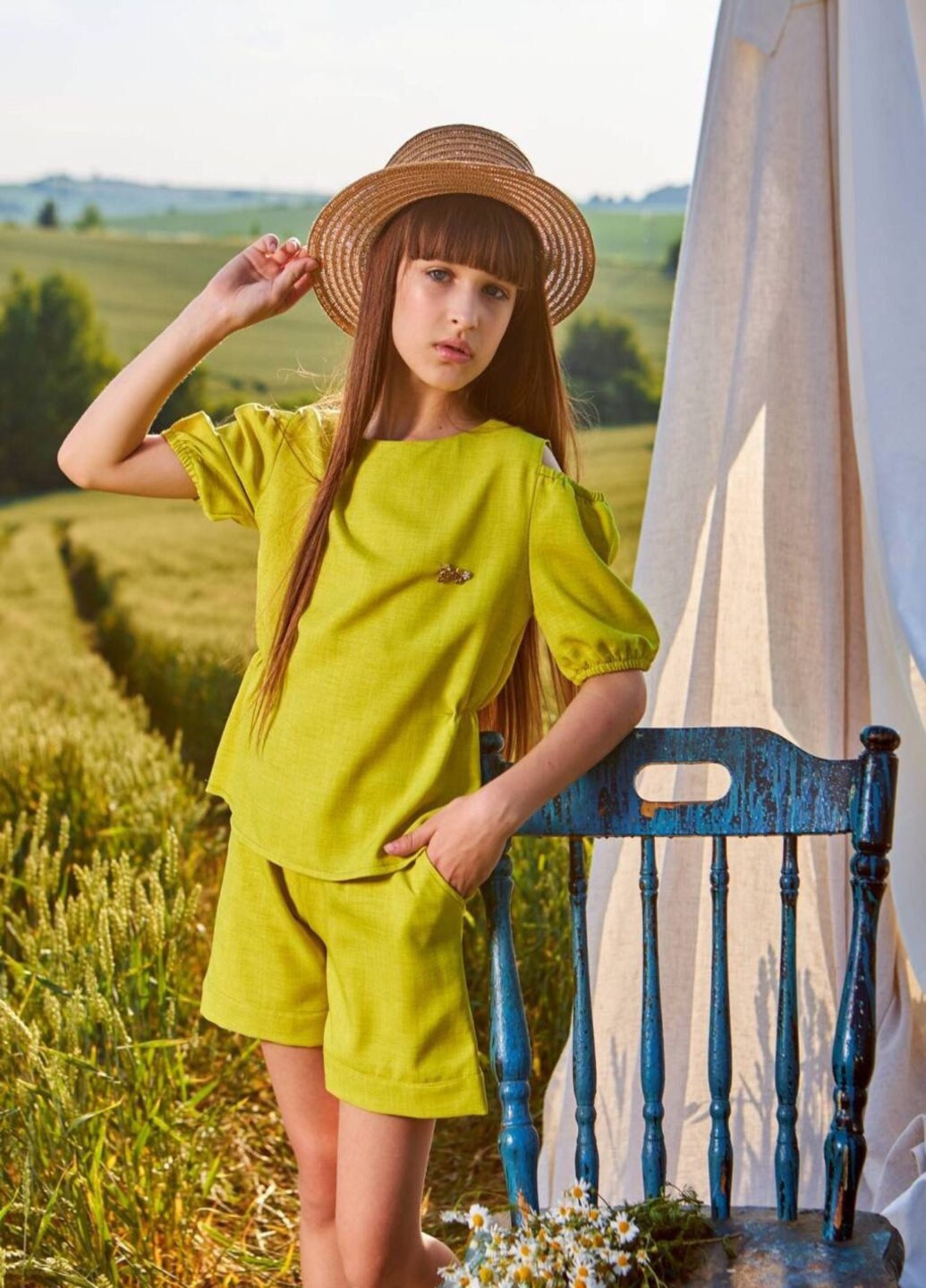 Лаймовый летний костюм на девочку лляной Модняшки