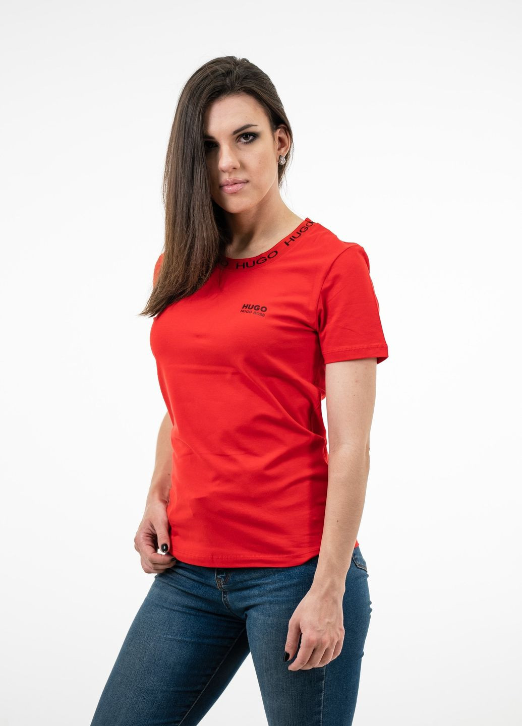 Красная летняя футболка женская Hugo Boss RELAXED-FIT T-SHIRT IN COTTON JERSEY WITH LOGO