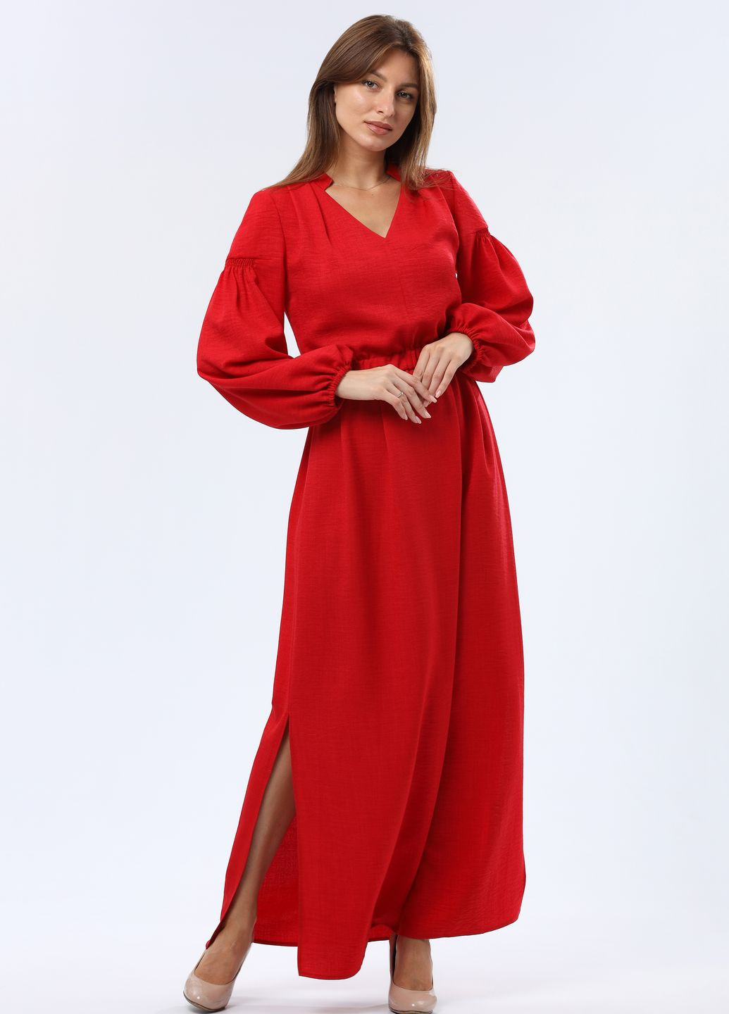 Червона коктейльна червона сукня максі з віскозної тканини з фактурною жатою структурою 5752 Cat Orange однотонна