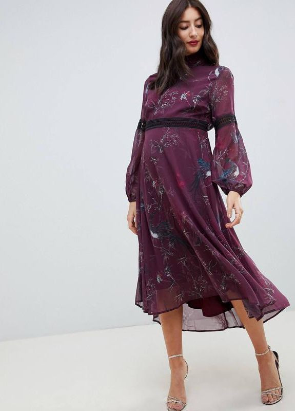 Фиолетовое платье миди с длинными рукавами и maternity с принтом птиц и отделкой крючком hope & ivy