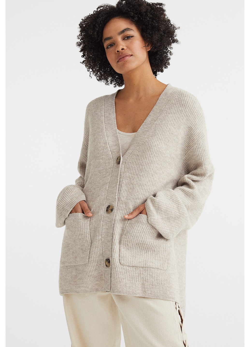 Світло-бежевий демісезонний жіночий оверсайз светр на гудзиках н&м (56471) м світло-бежевий H&M