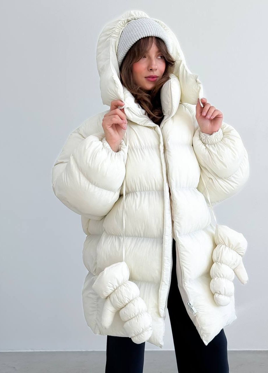 Белая зимняя женская зимняя куртка удлиненная с варежками ZF inspire
