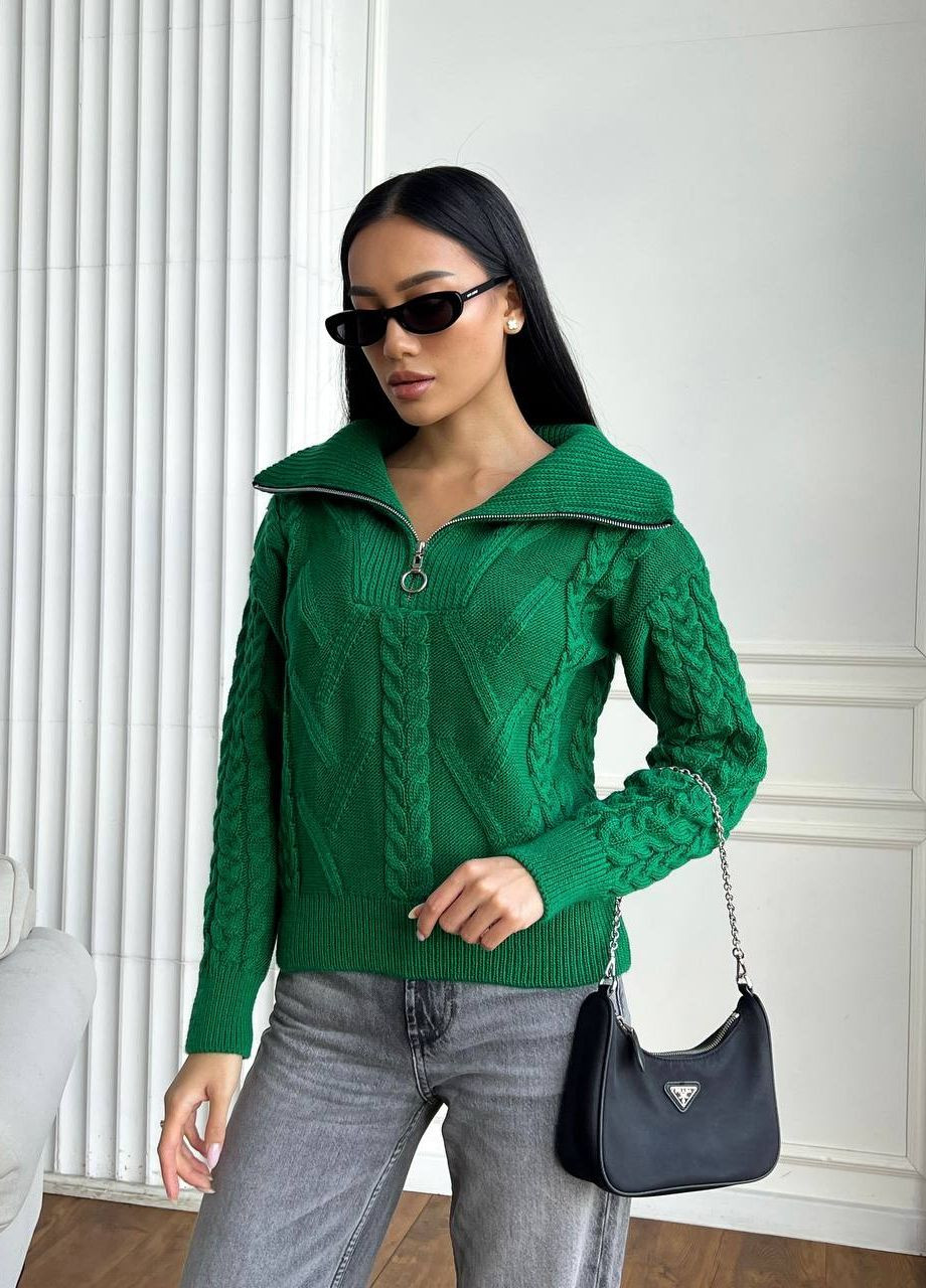 Зеленый женский свитер с v-образным воротником и молнией цвет зеленый р.42/46 445973 New Trend
