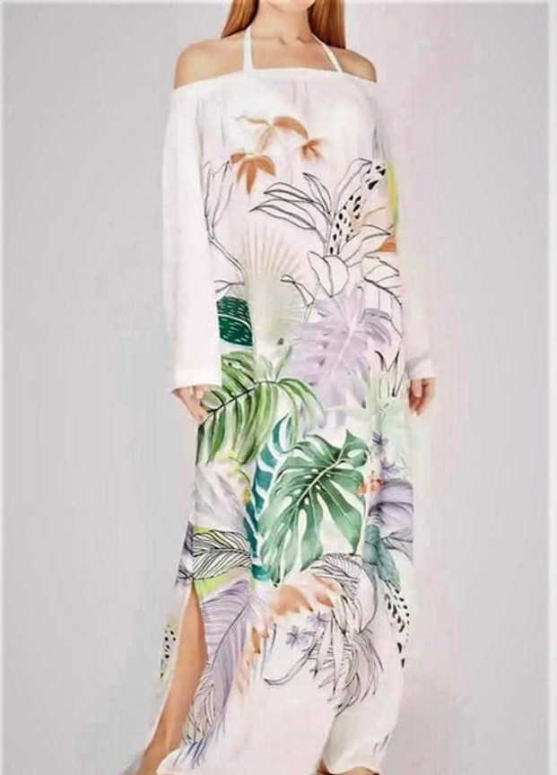 Туника платье пляжное свободного кроя One size Белая с растительным принтом Julliana 17142L Toccata (259214543)