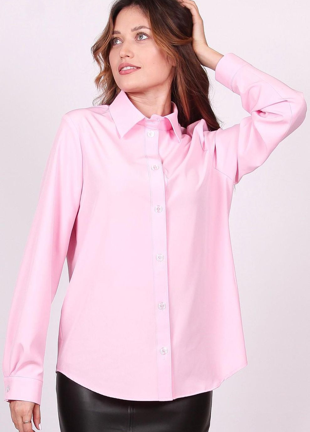 Розовая демисезонная блузка - рубашка женская 051 однотонный софт розовая Актуаль