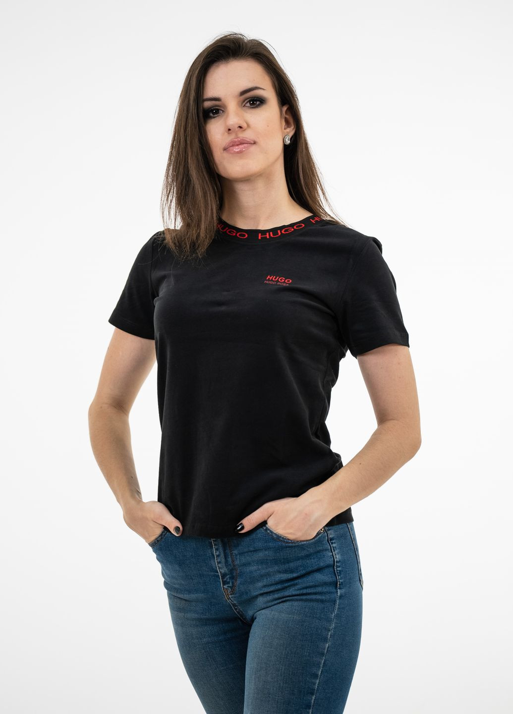 Черная летняя футболка женская Hugo Boss RELAXED-FIT T-SHIRT IN COTTON JERSEY WITH LOGO