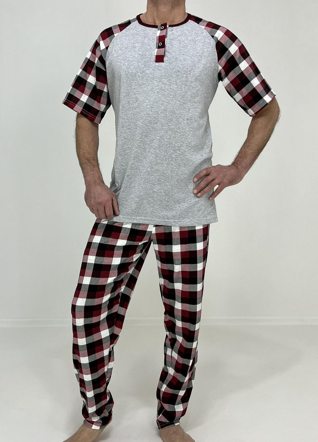 Піжама чоловіча Nico футболка + штани в клітинку 58-60 Сіра 83676857-3 Triko (276708877)