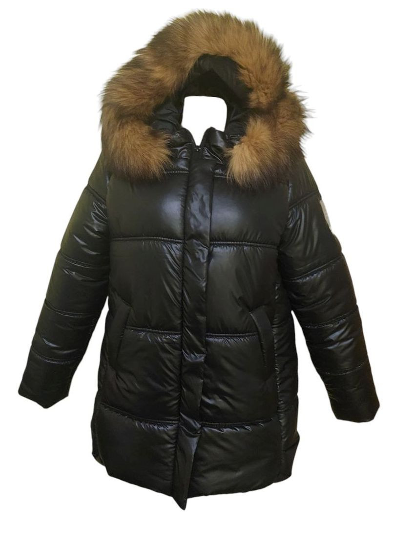 Черная зимняя теплая женская куртка украшена натуральным мехом No Brand