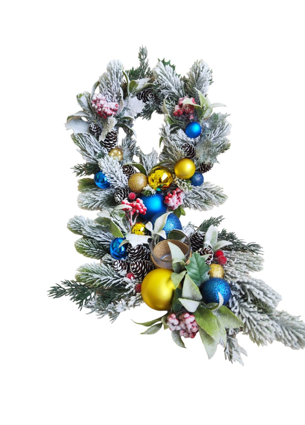 Рождественский декор, заснеженная елка. Набор венок и подсвечник желто-голубого цвета Ksenija Vitali (263063883)