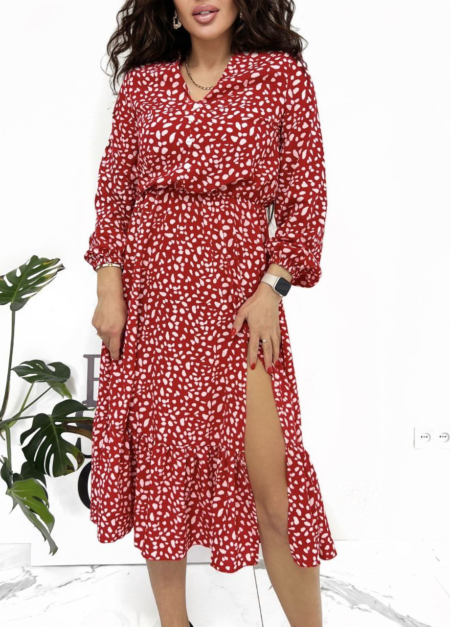 Красное праздничный, повседневный, кэжуал, вечернее женское платье с высоким вырезом на юбке No Brand с абстрактным узором