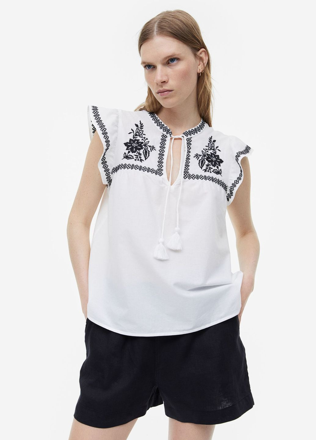 Біла літня вишита блуза H&M