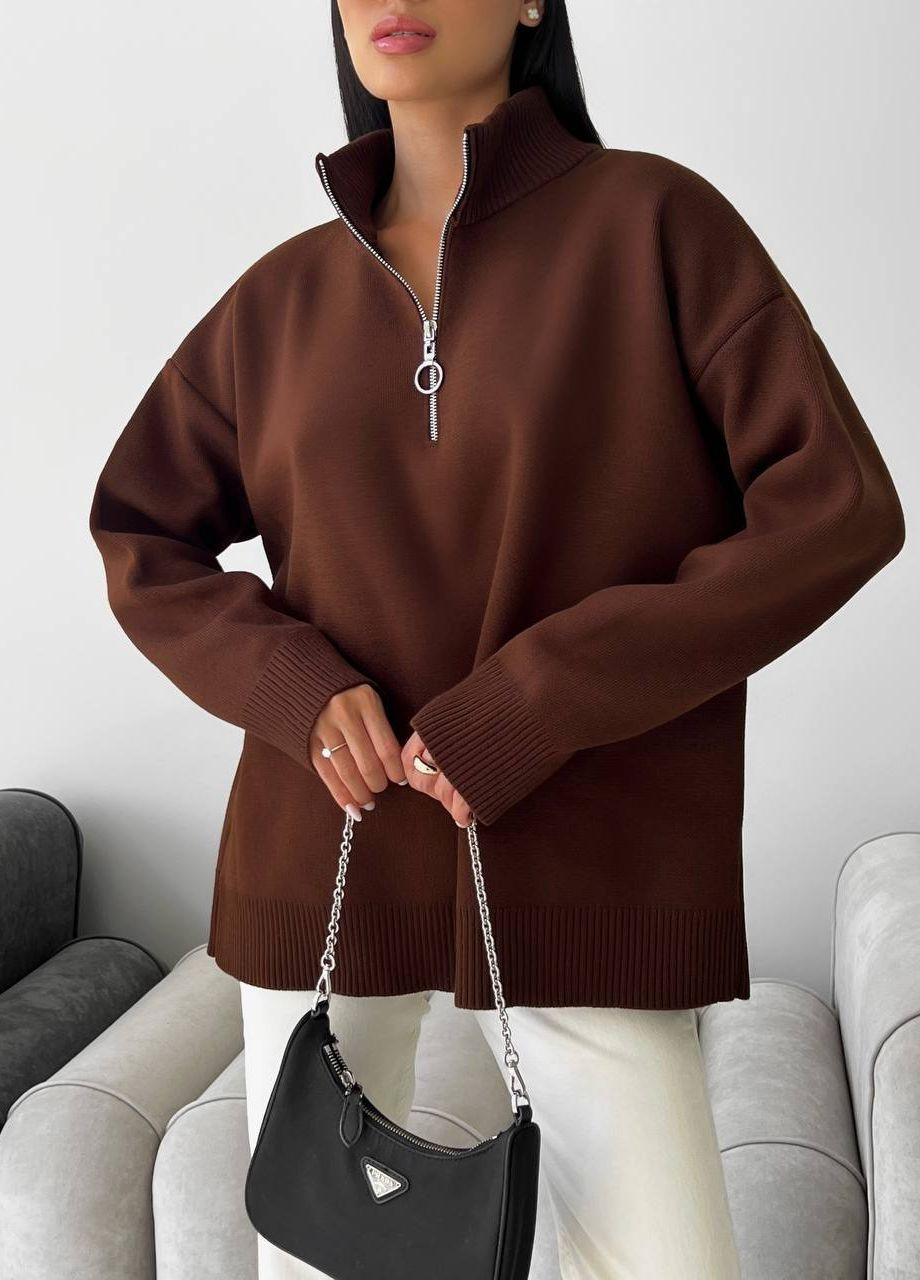 Жіночий светр із блискавкою із жаккардової в'язки колір коричневий р.42/46 441551 New Trend (263134305)
