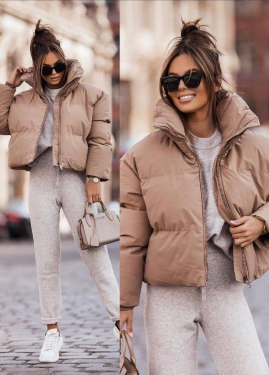 Бежевая женская укороченная теплая курточка цвет бежевый р.42/44 448645 New Trend