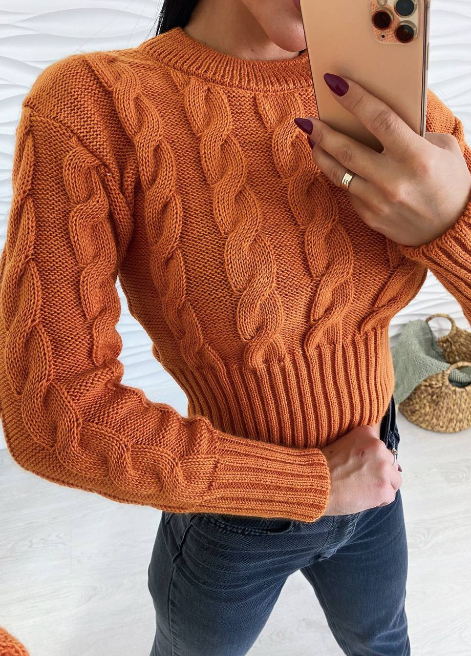 Жіночий светр укорочений з візерунком коси помаранчевого кольору р.42/46 396793 New Trend (258967802)