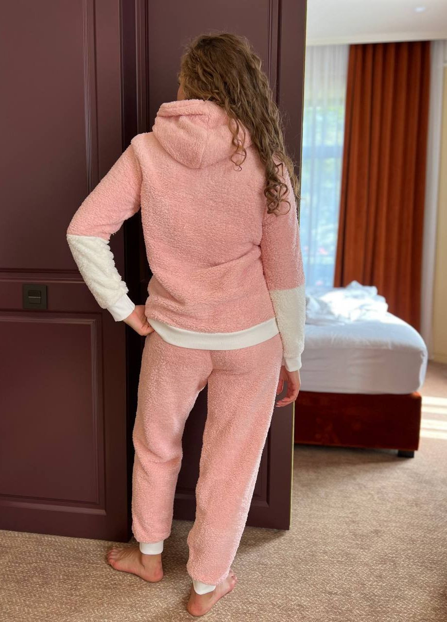 Светло-розовая зимняя мягкий костюм для дома-пижама с капюшоном свитшот + брюки Vakko