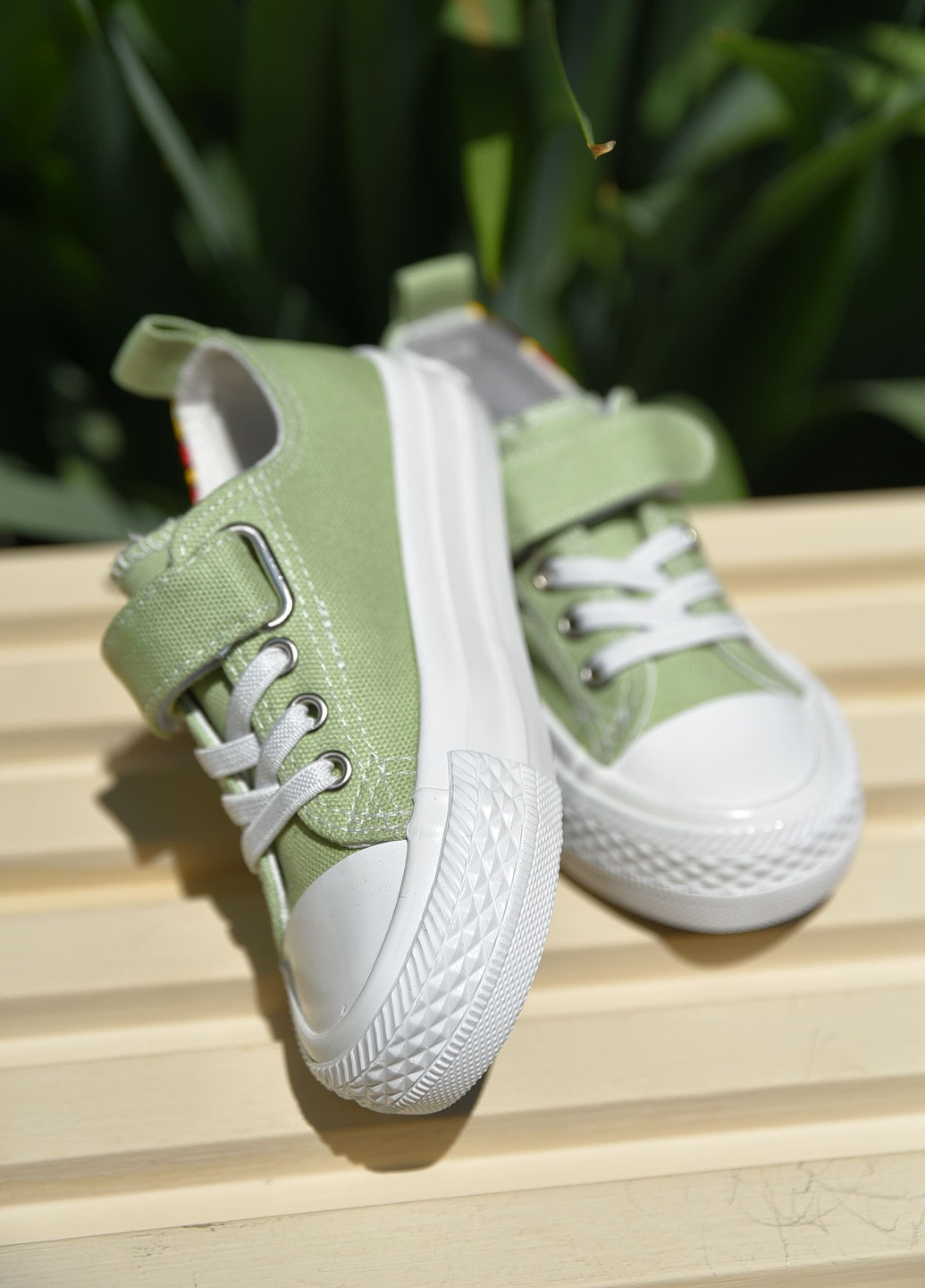 Зеленые кеды детские зеленого цвета однотонные текстиль Let's Shop