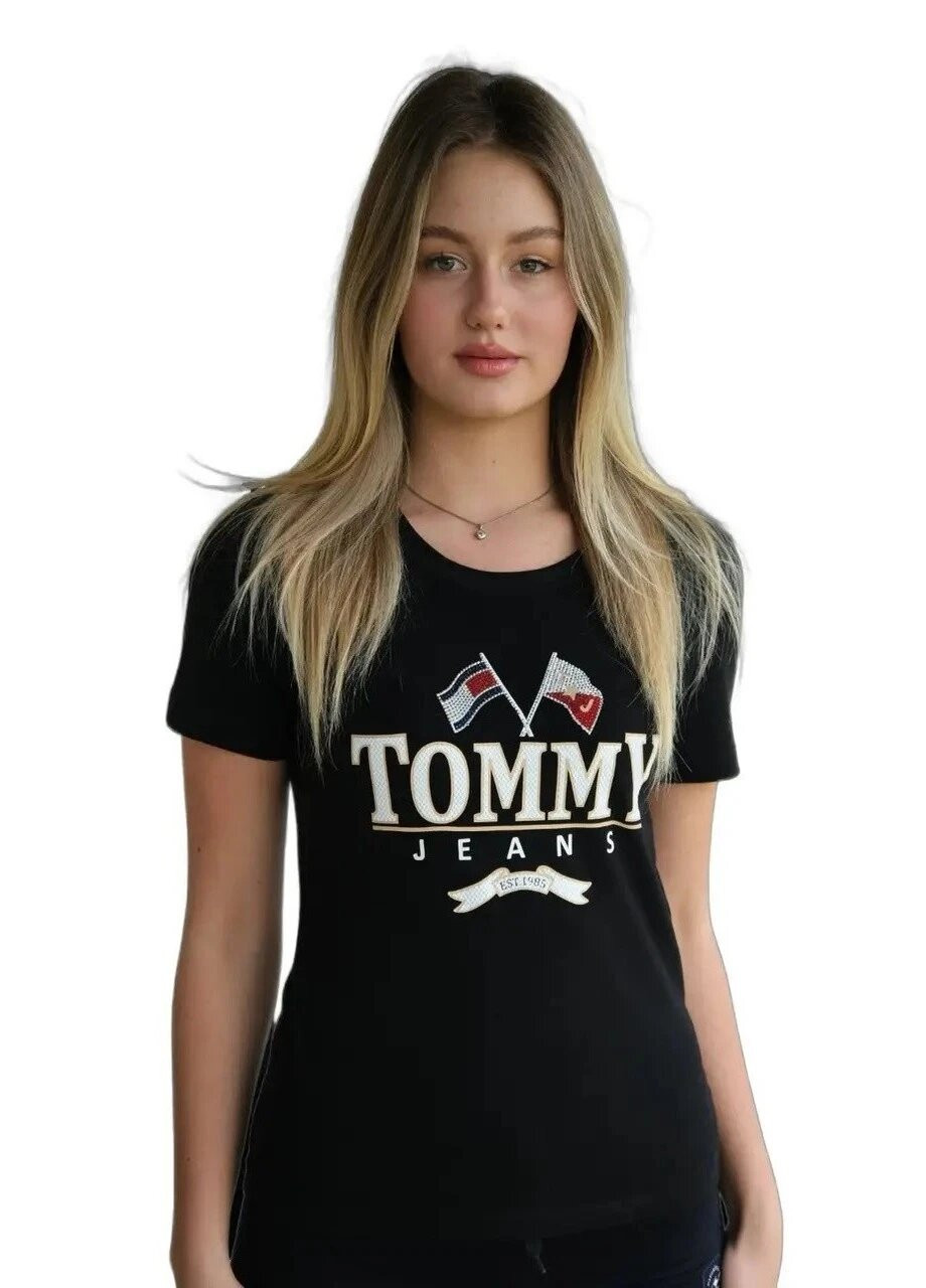 Черная летняя футболка женская с коротким рукавом Tommy Hilfiger