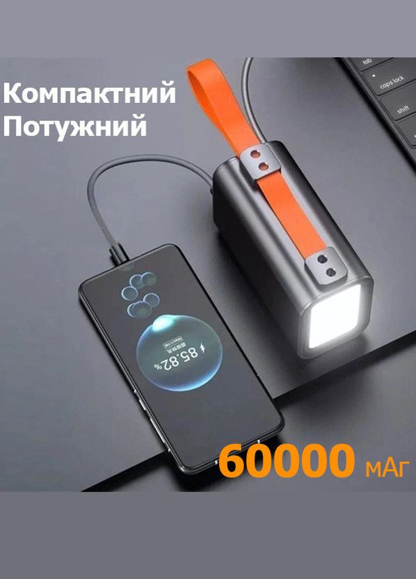 Павербанк 60000 mAh QC 3.0 PD 100W Фонарик - для ноутбука телефона, Универсальная батарея Внешний аккумулятор, серый (павербанк) Villini