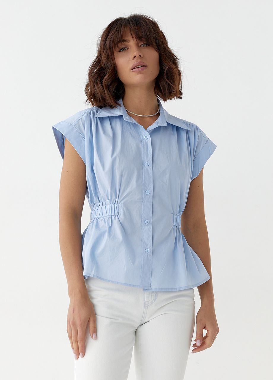 Голубая летняя женская рубашка с резинкой на талии - голубой Lurex