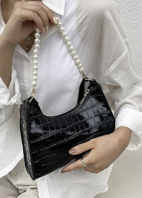 Жіноча маленька сумка рептилія багет крокодиляча шкіра з перлинами чорна No Brand (259473652)