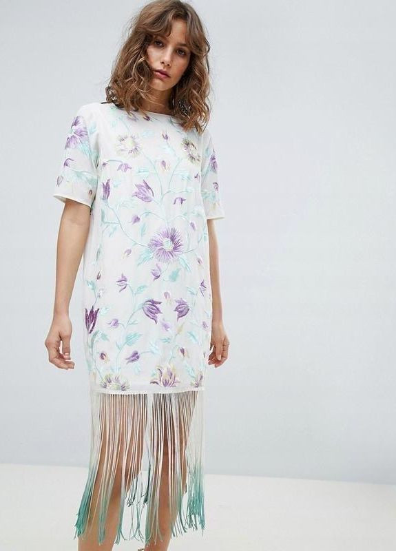 Комбинированное платье меди с вышивкой и украшением бахромой design Asos с цветочным принтом
