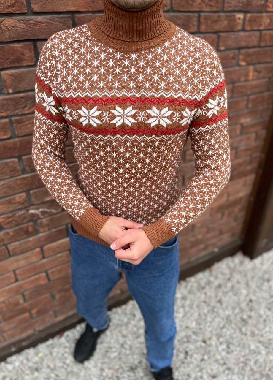 Коричневый зимний мужской новогодний свитер No Brand
