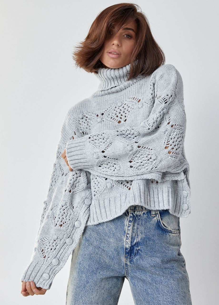Серый зимний ажурный свитер с застежкой по бокам - серый Lurex