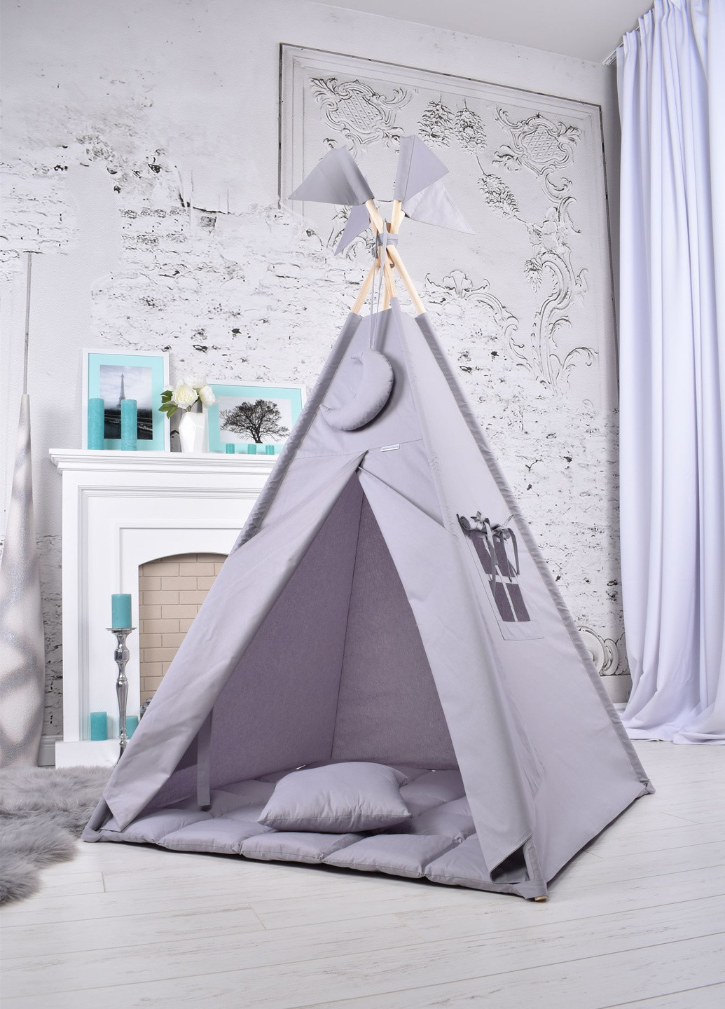 Вигвам Серый детская палатка домик с мягким ковриком и подушкой 110*110*180 см Подвеска месяц в подарок Украина (256917787)
