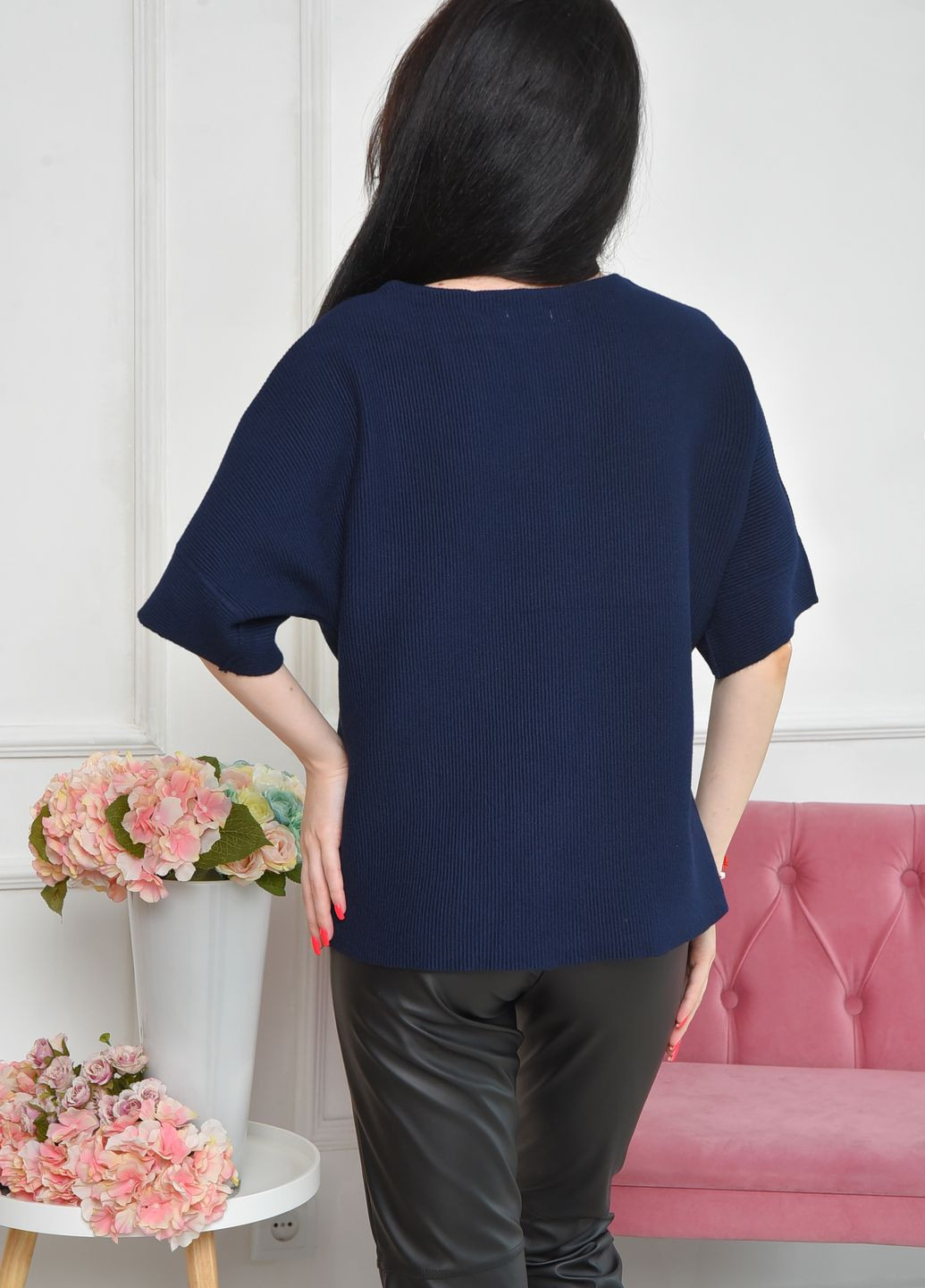 Темно-синий демисезонный свитер женский с коротким рукавом темно-синего цвета размер 46 пуловер Let's Shop