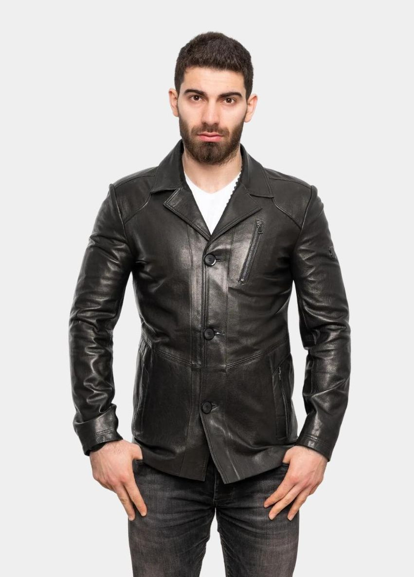 Черная демисезонная кожаная мужская куртка блейзер черная 26130012 No Brand