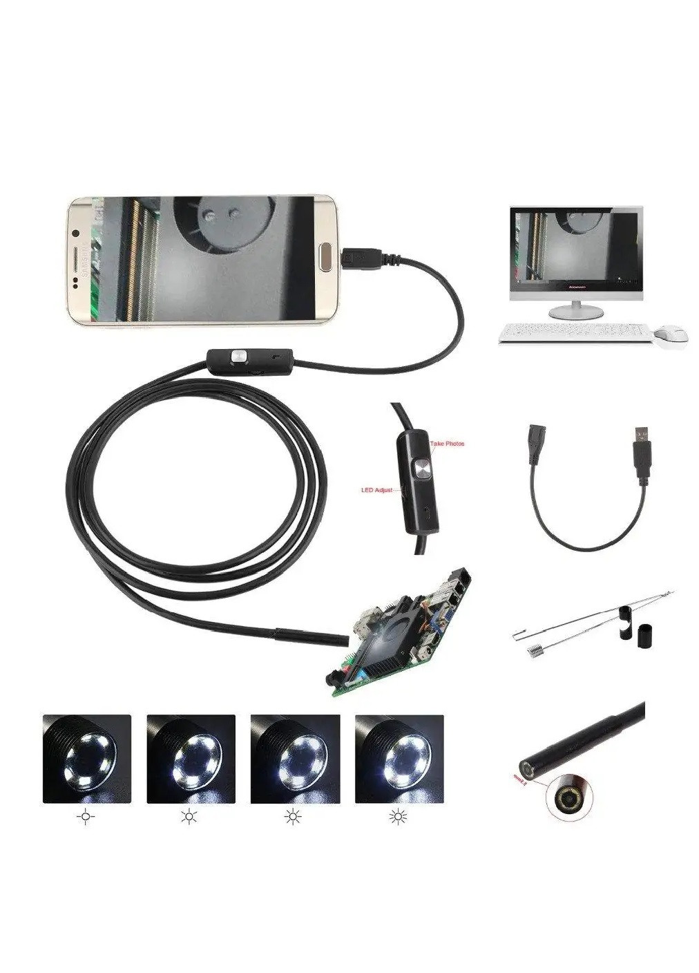 Ендоскоп бороскоп з водонепроникною міні відео веб камерою для Android комп'ютера з підсвічуванням 2 м 2 в 1 (475000-Prob) Unbranded (260634270)