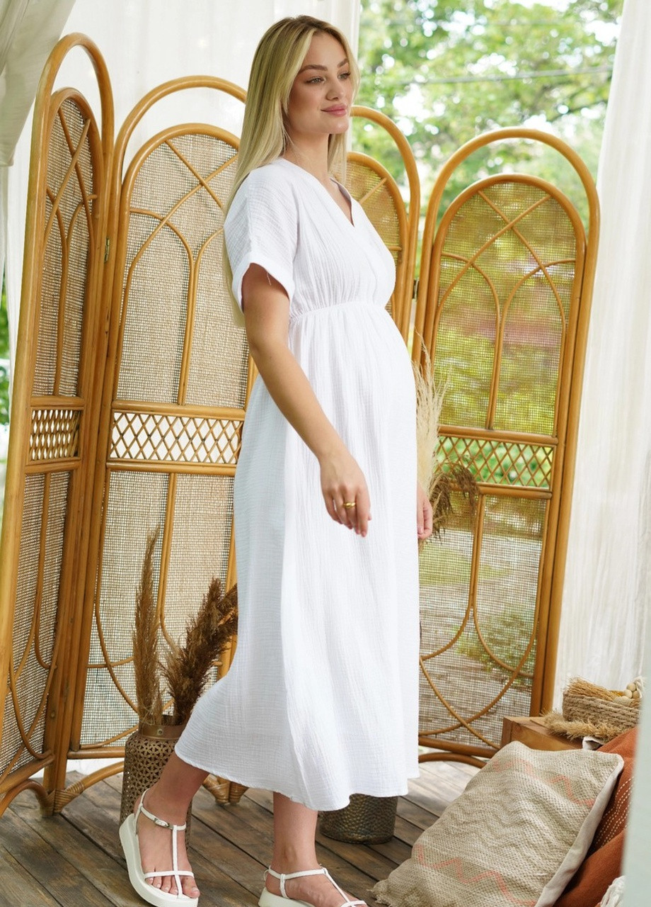 Білий біла подовжена муслінова сукня для вагітних і годуючих мам вільного силуету To Be