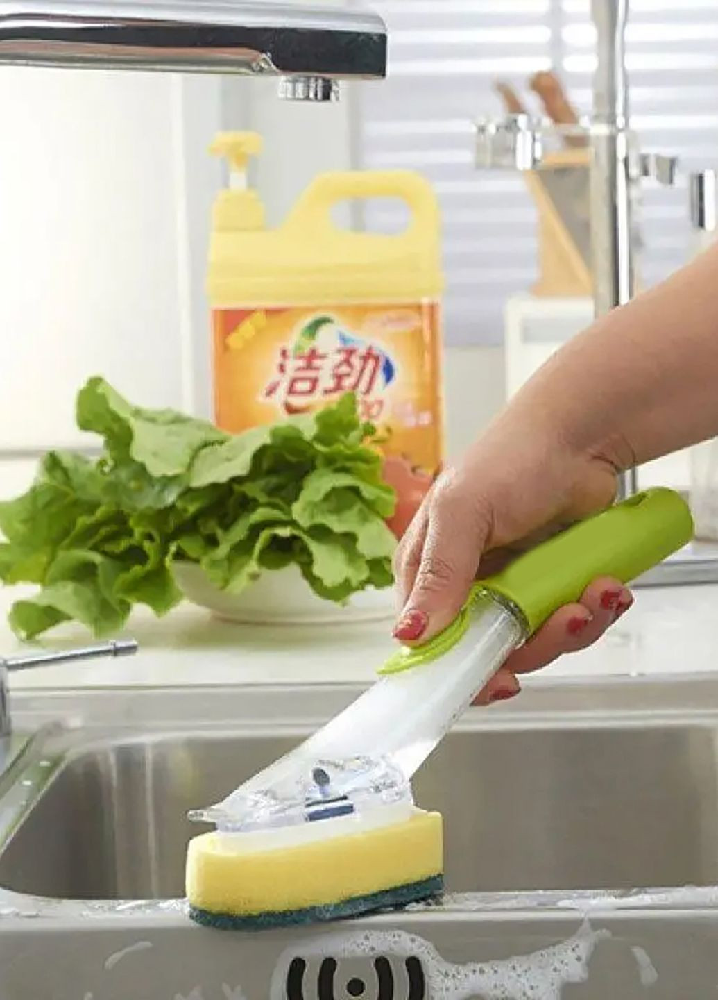 Щетка для мытья посуды Rise-UP AUTOMATIC LIQUID CLEANING BRUSH с дозатором и насадками многофункциональная Kitchen Master (277925408)