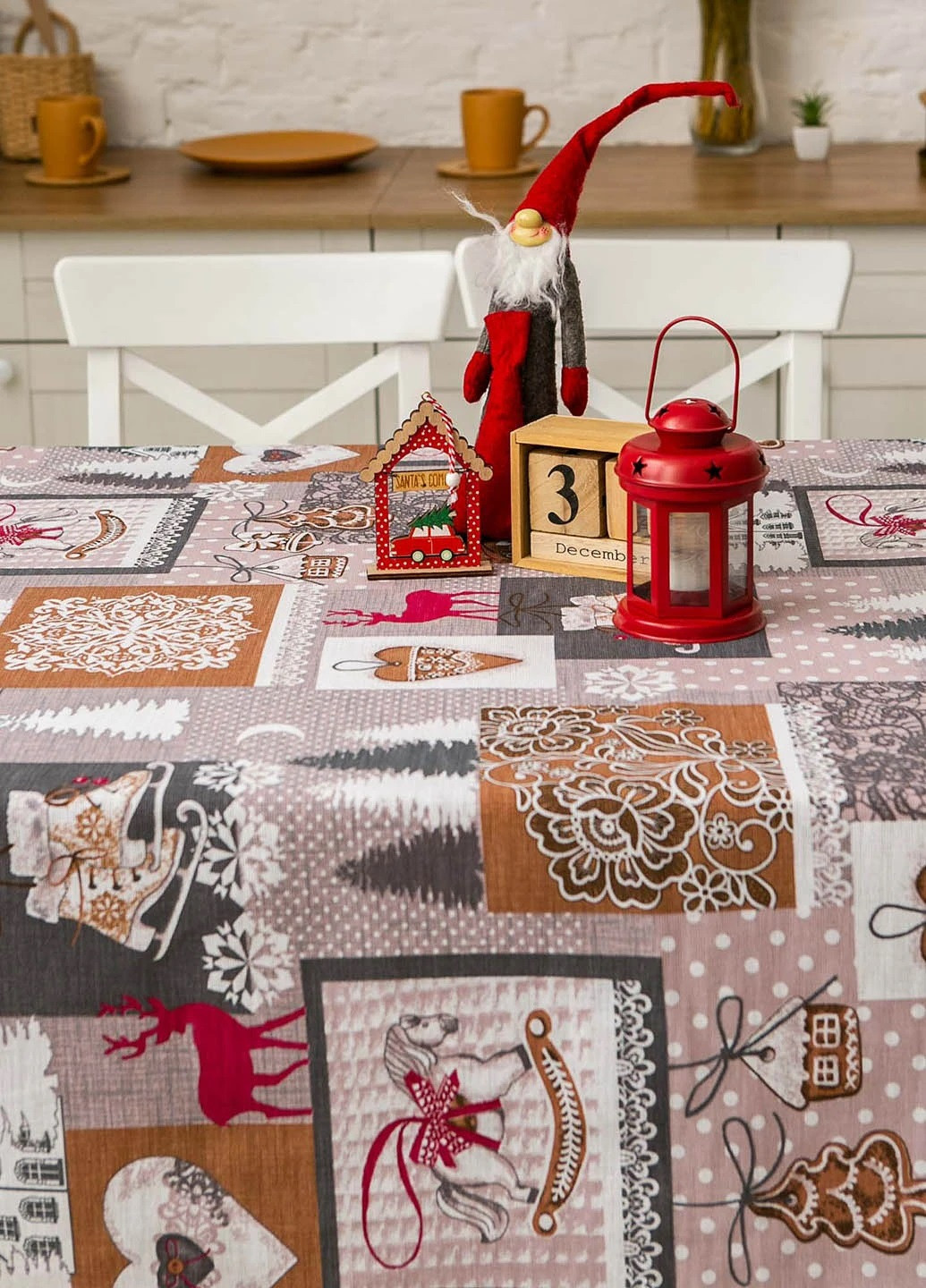 Новогодняя праздничная льняная хлопковая скатерть накидка на обеденный стол с узором 150х220 см (475695-Prob) Лапландия Unbranded (270090513)
