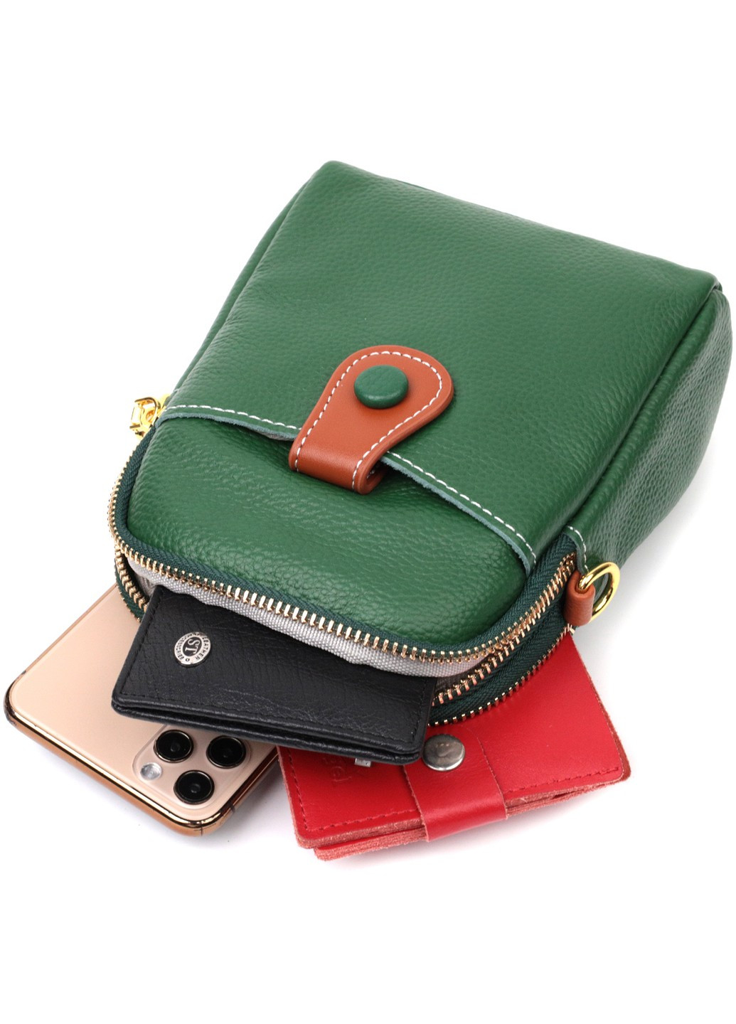 Небольшая сумка трапеция для женщин из натуральной кожи 22268 Зеленая Vintage (276457645)