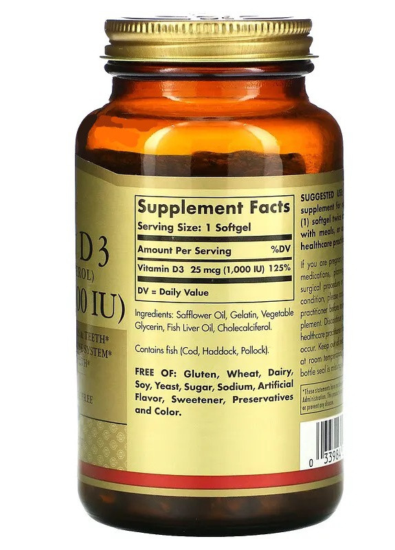 Vitamin D3 (Cholecalciferol) 1000 IU 25 mcg 250 Softgels Solgar (256721578)
