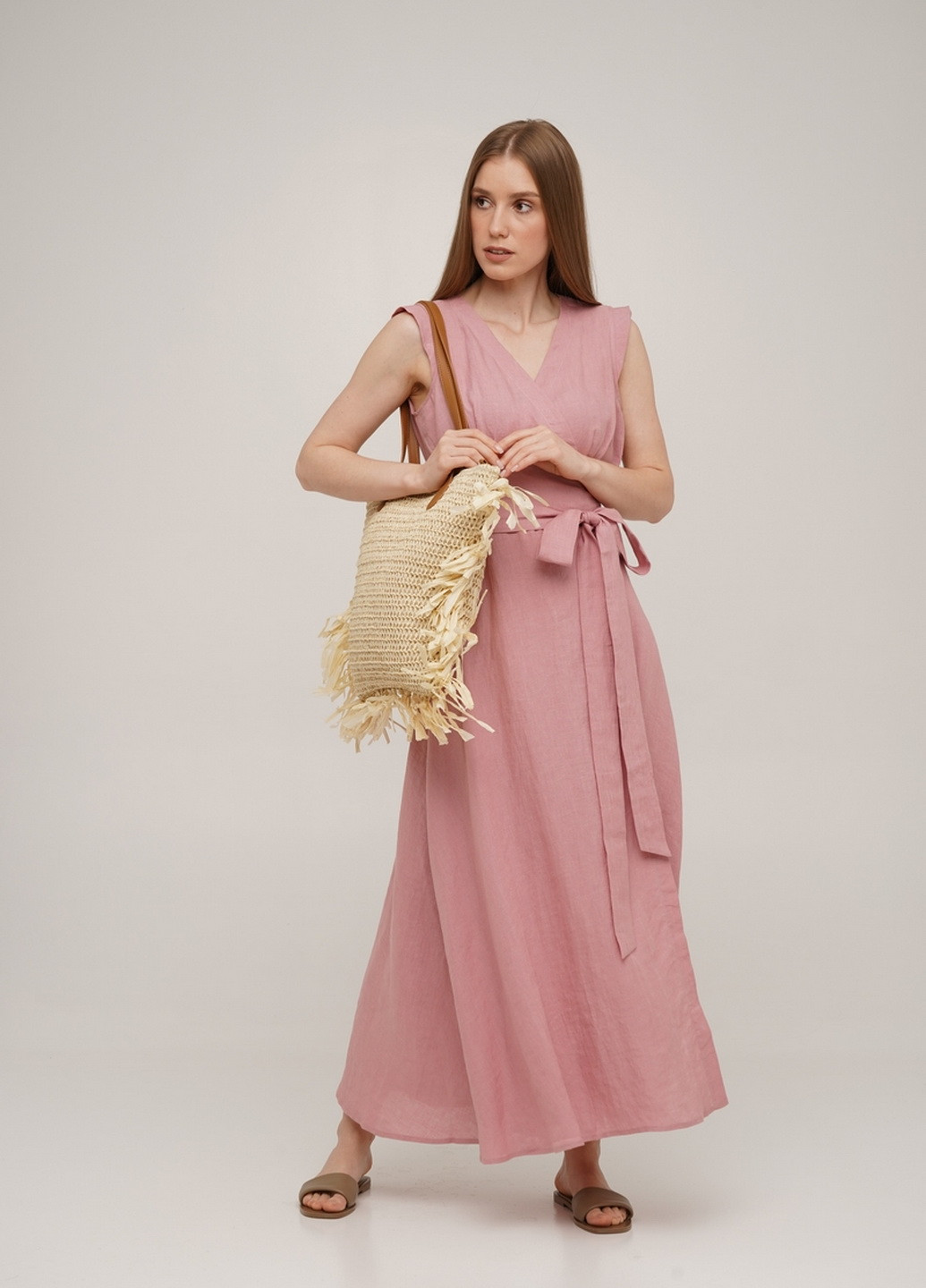Розовое кэжуал платье на запах льняное linen розовое SoundSleep