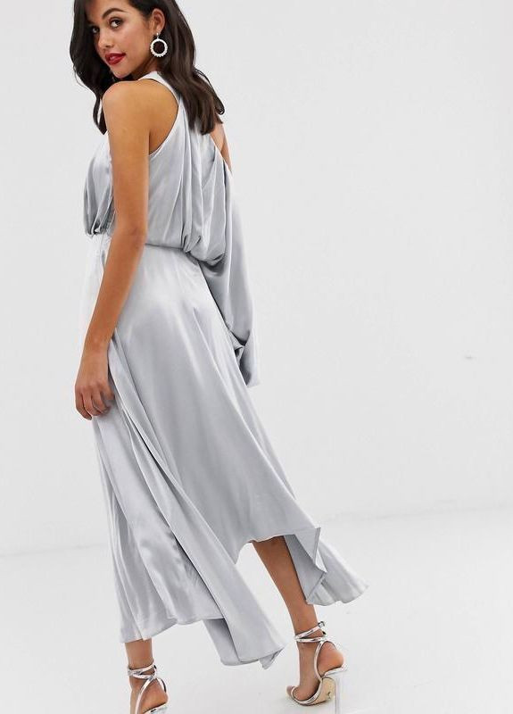 Срібна атласне плаття на одне плече Asos